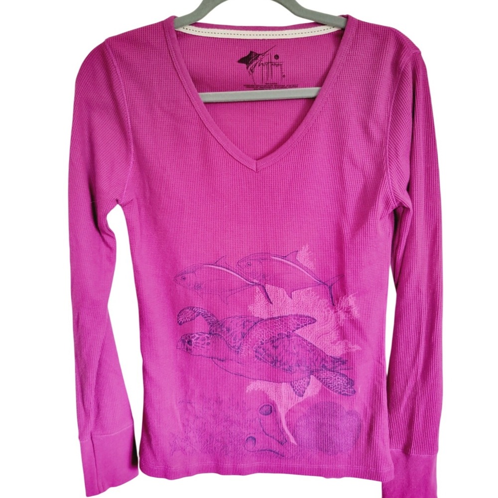 Guy Harvey L Women's Fuscia Crew Neck Shirt Top Size Large Turtle & Fish L/Sโ